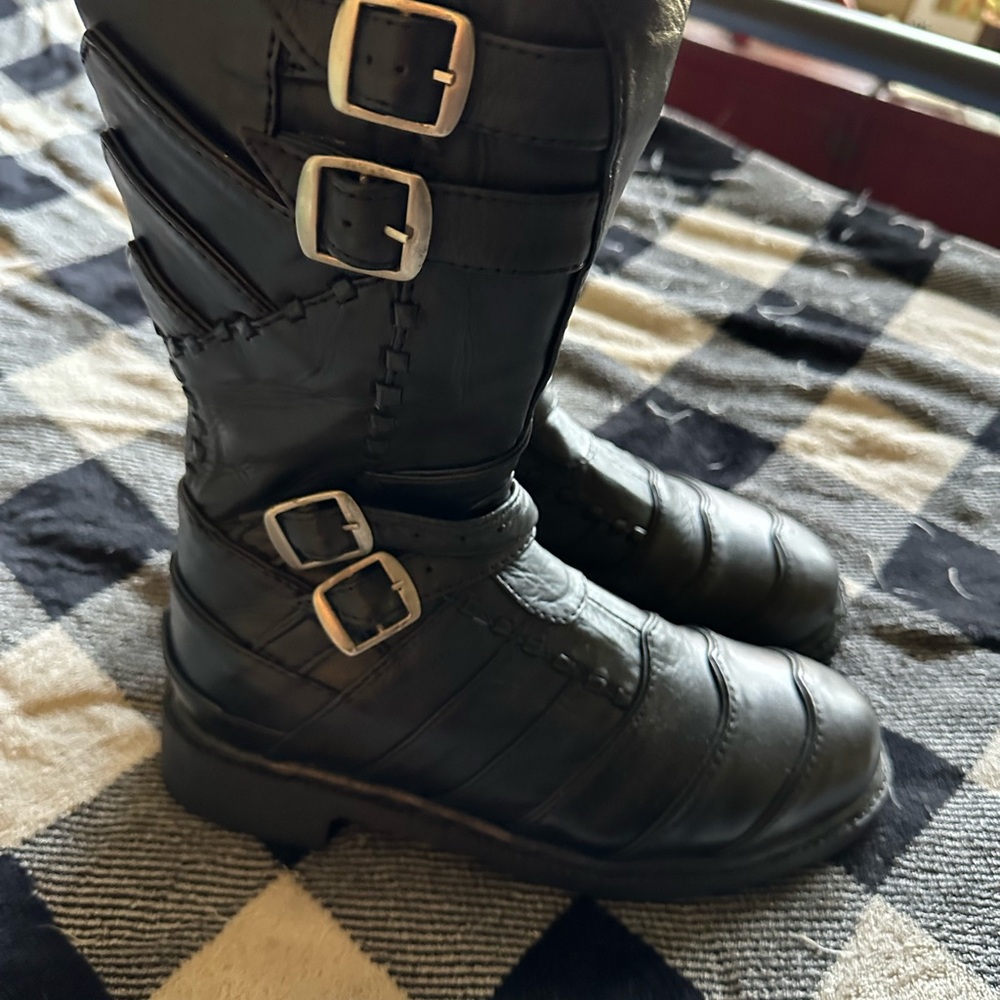 Black Leather Buckle Strap Boots